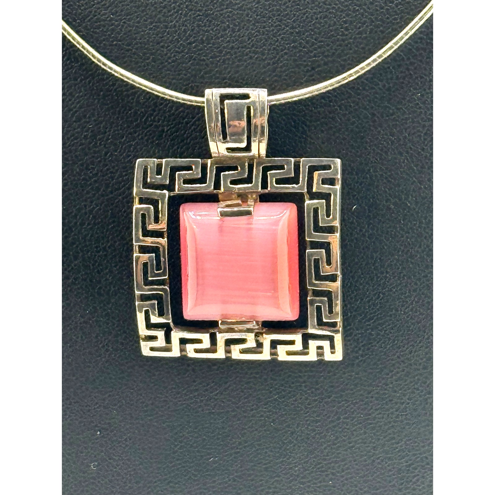 Pink Cat's Eye Glass Greek Key Sterling Choker Necklace